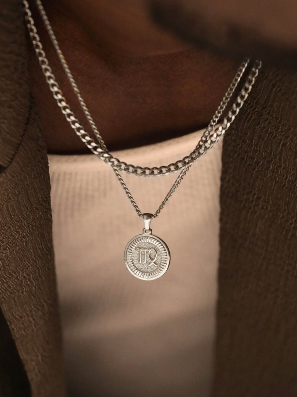 Men's Silver Virgo Pendant Necklace Set